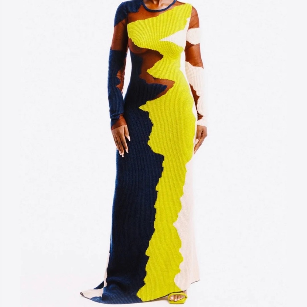 Hanifa Yellow and Blue Long Sleeve Bodycon Dress - Picture 3 of 16